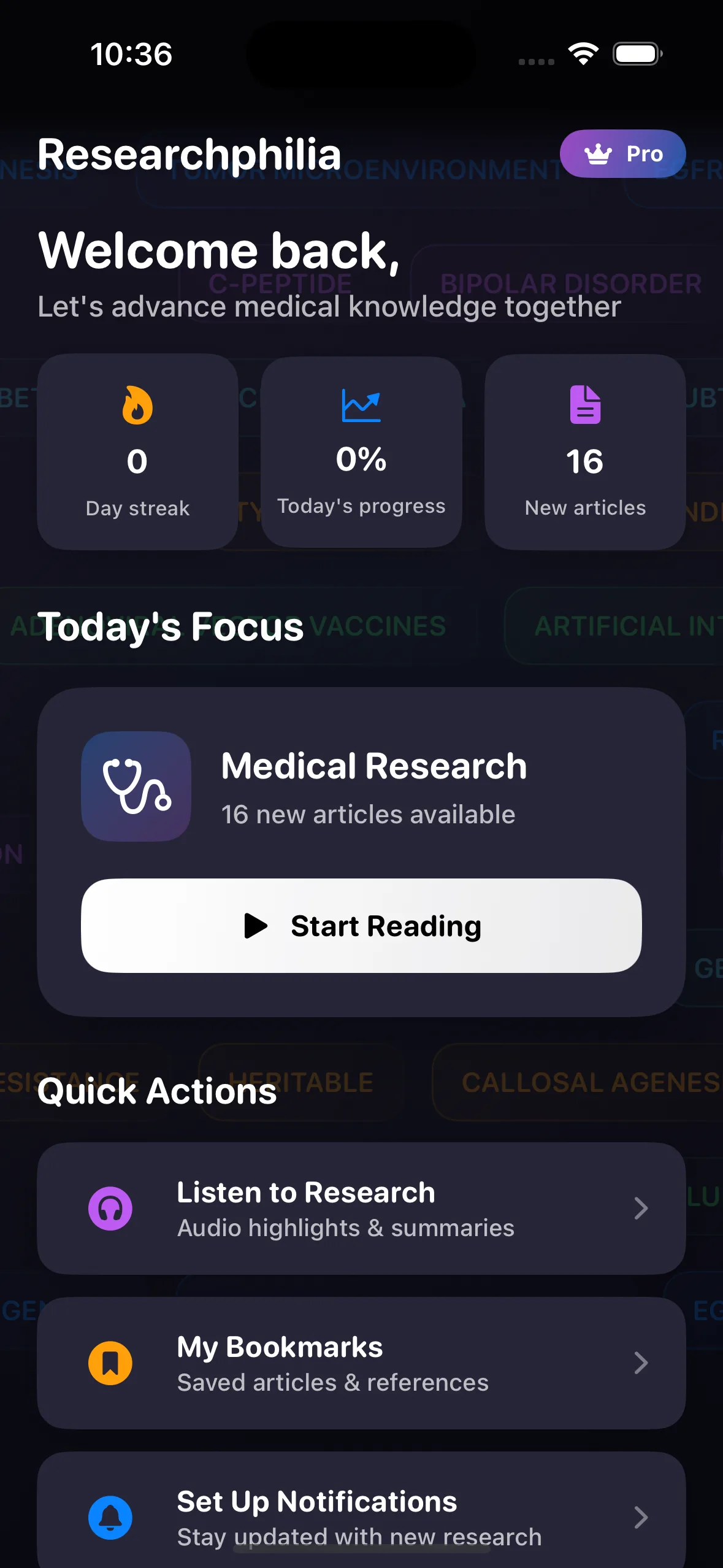 Researchphilia home screen showing today's focus, day streak and quick actions