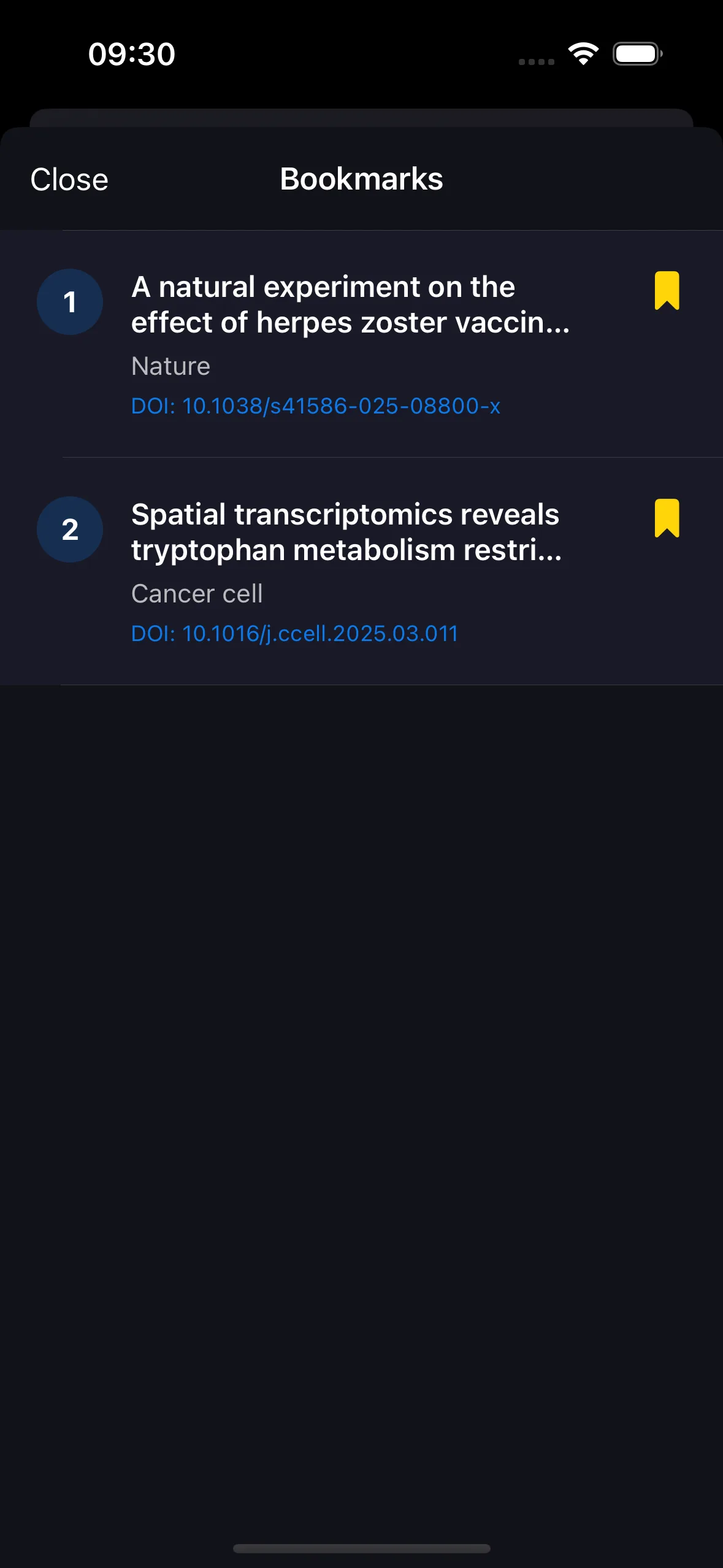 Bookmarks screen – Saved studies with DOI, ready for journal club.